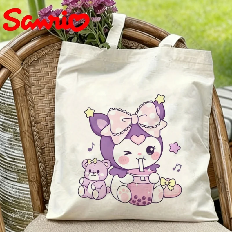 

1PC Sanrio Kuromi Drinking Bubble Tea with Teddy Bear Print Eco-friendly Canvas Shoulder Bag