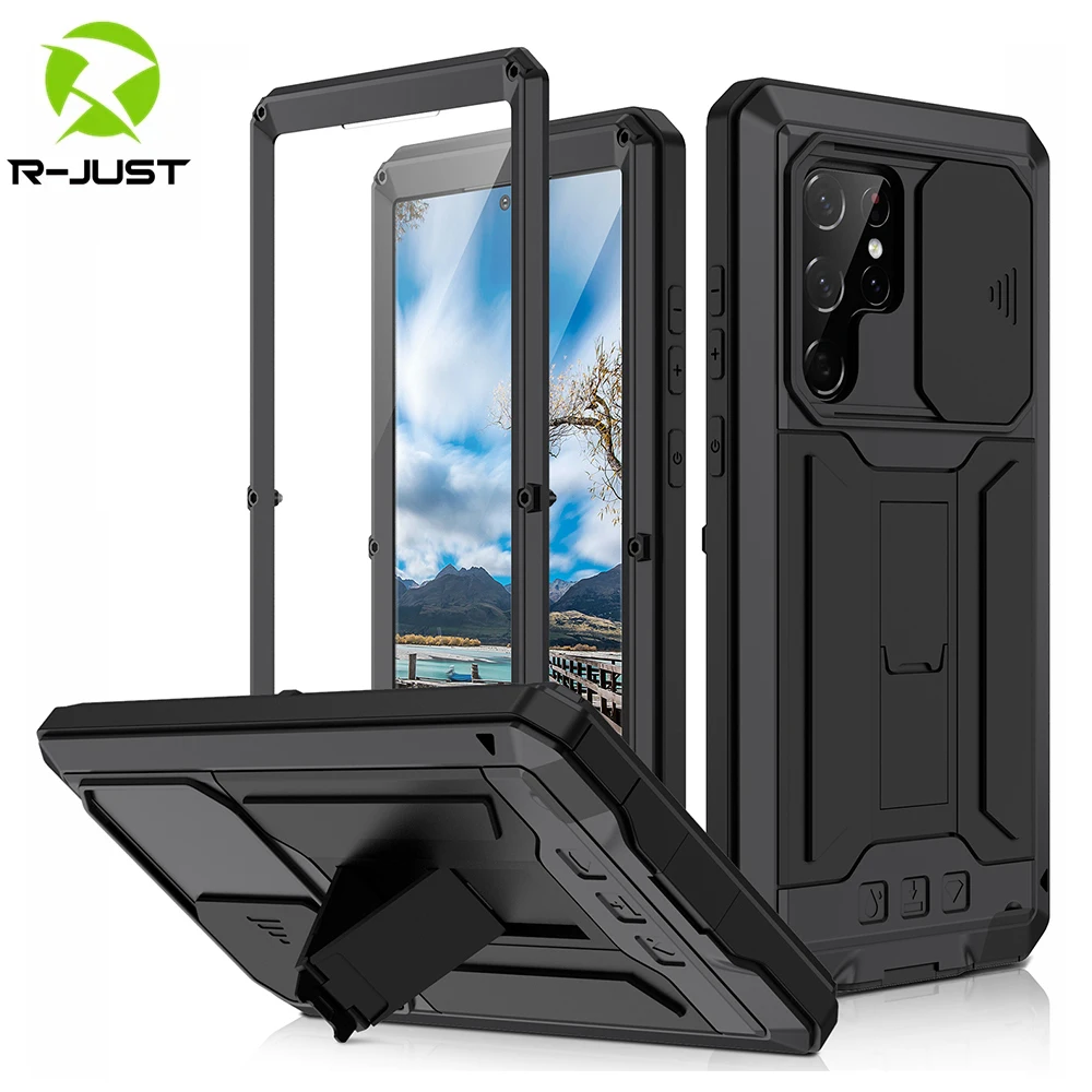 R-JUST Shockproof Metal For Samsung Galaxy S22 Ultra Case Plus S21 With Stand Built-In Camera Screen Protector Cover Funda Coque