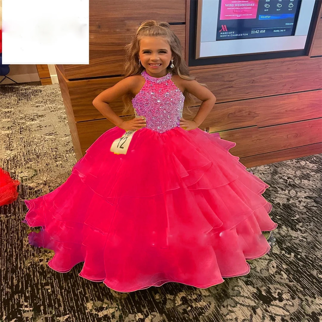 

Lovely Beading Princess Little Girls Pageant Dresses Halter Ruffles Organza Birthday Party Gown Puffy Oranza Infant Prom Dress