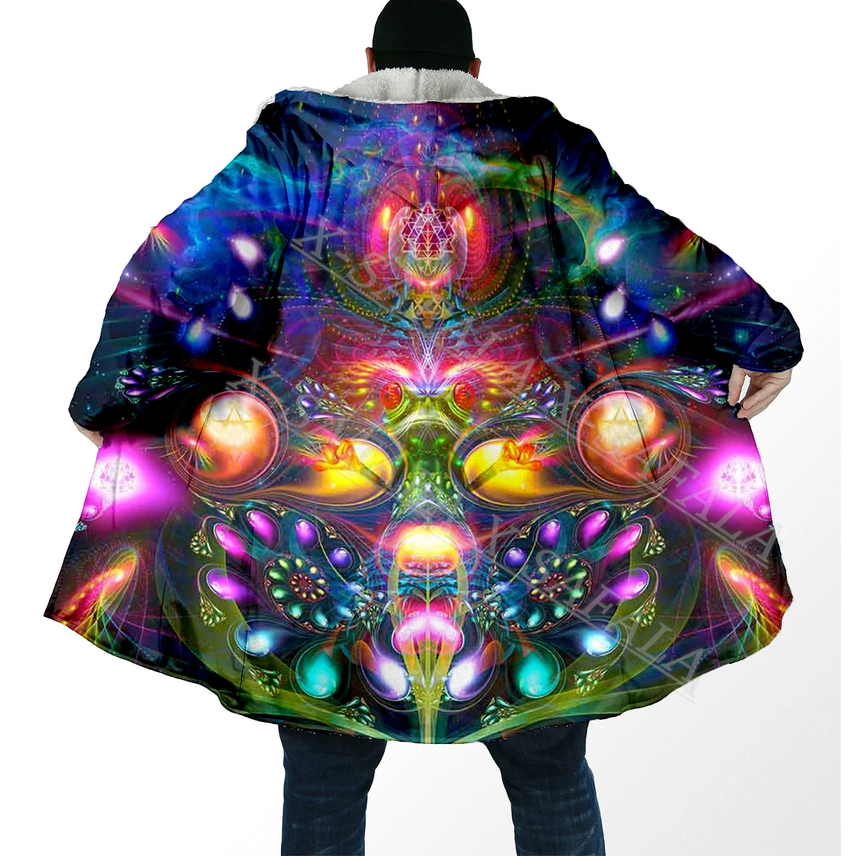 

Wolf Animal Totem Trippy Psychedelic Art Thick Warm Hooded 3D Print Cloak Men Overcoat Coat Windproof Fleece Cape Robe Blanket-4