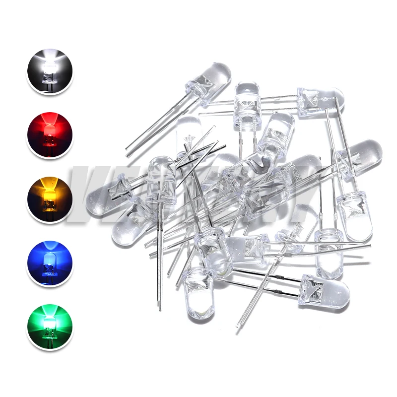 100pcs 5mm LED Diode 5 mm Assorted Kit White Green Red Blue Yellow Orange Pink Purple Warm white DIY Light Emitting Diode