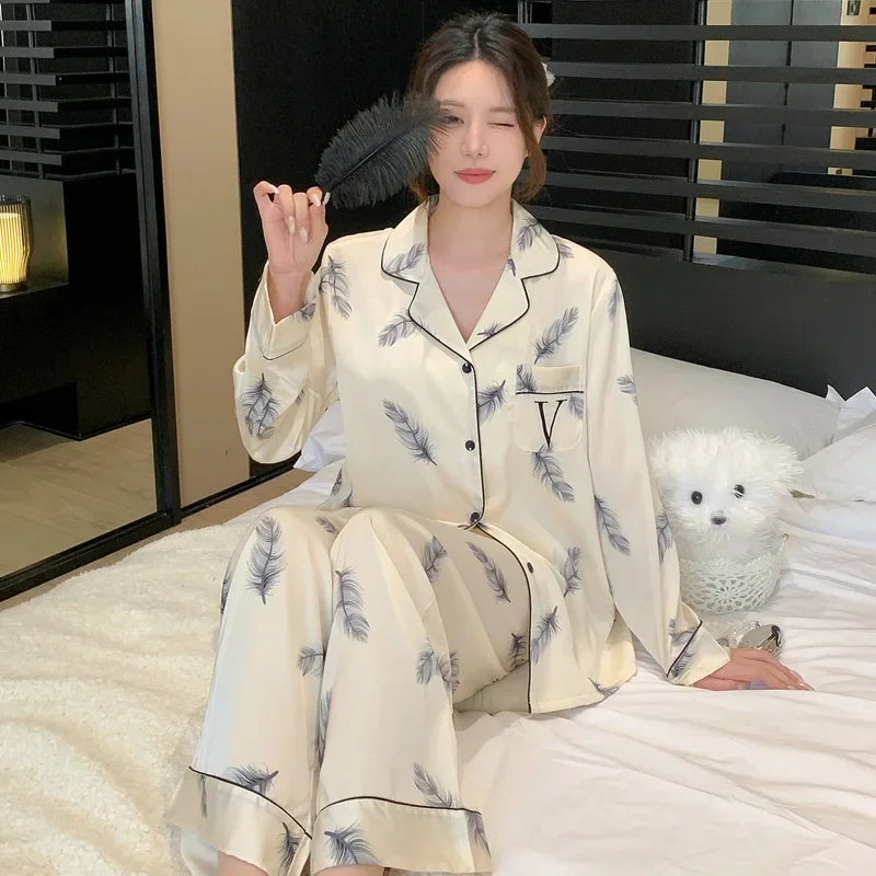 Spring and Autumn Women's Pajamas and Pajamas Two-piece Set Water-gloss Silk Long-sleeved Pajamas Ice silk Thin Home Wear Set