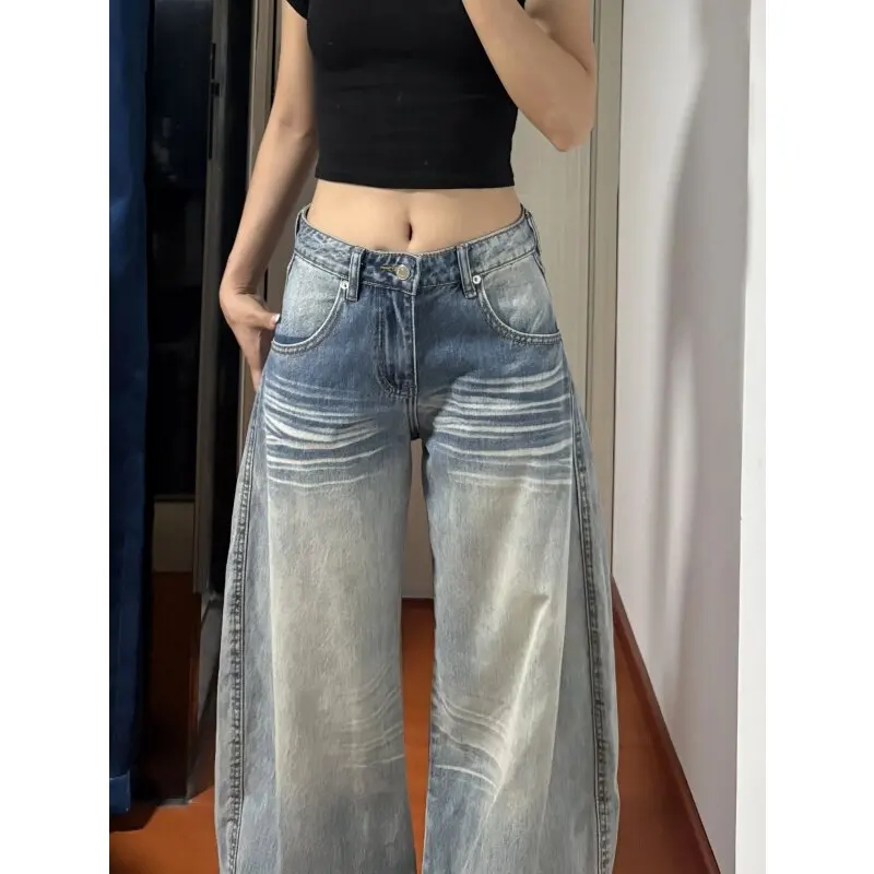 

Low Waist Wide Leg American Retro Denim Jeans Women's Thin Sle Slimming Loose Drapey Straight Floor-Length Pants Spring