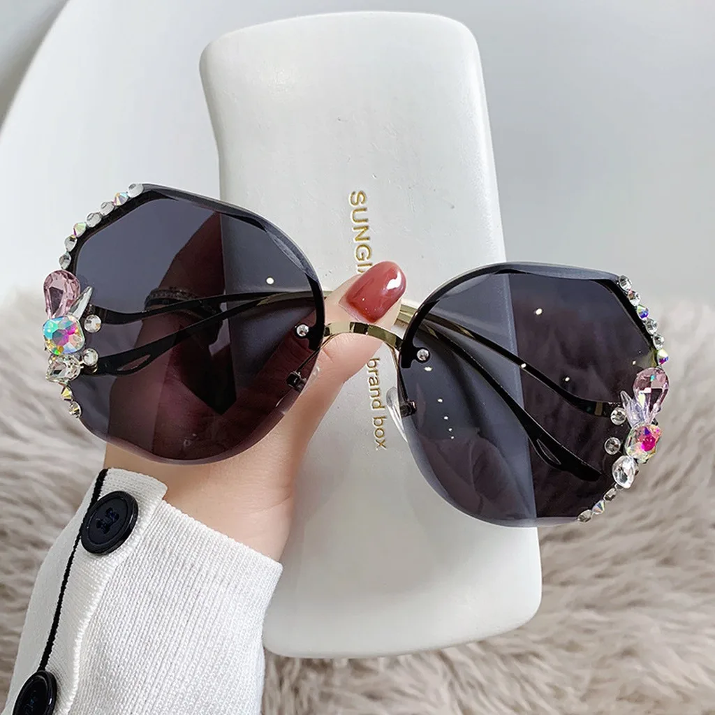 KLASSNUM Women Sunglasses Metal Uv400 Sun glasses Fashion Shades Sparkling Half-Rim Eyeglasses For Stage Performance Outdoor