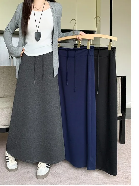 

plus Size Casual Dstring Midi Skirt Women's High Waist Drapey A-Line Skirt for Autumn Comfortable Lazy Sle Commute