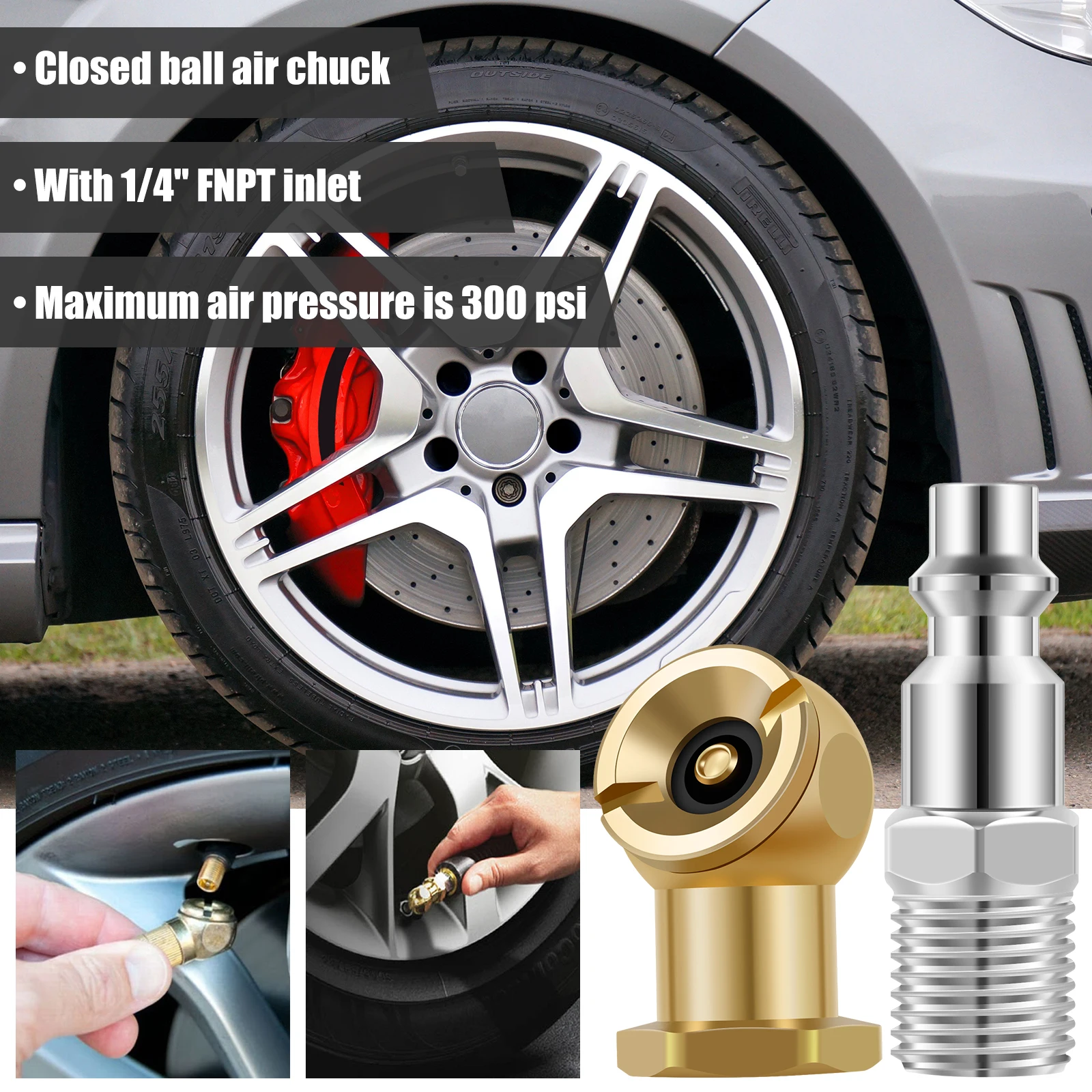 1/4Inch Portable Air Chuck Closed Brass Ball Inflator Suitable for Inflator Pressure Gauge Compressor Accessories