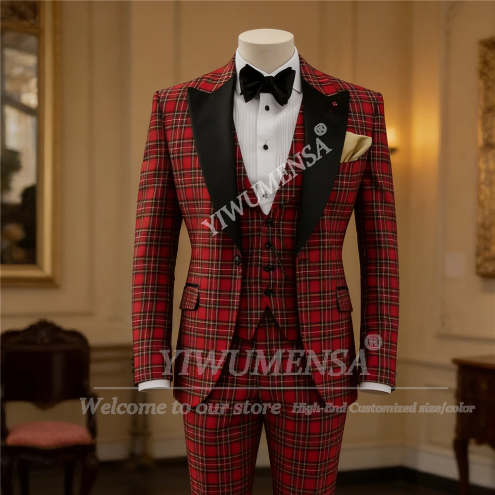 

Классический деловой костюм для мужчин, комплекты из 3 предметов, клетчатый пиджак, жилет, брюки, индивидуальный умный повседневный пиджак для выпускного вечера, мужские смокинги для свадьбы