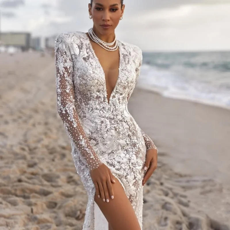 

White Shiny Appliques Lace Wedding Dresses of long sleeves fishtail decal slit Bridal Gowns Made Customized