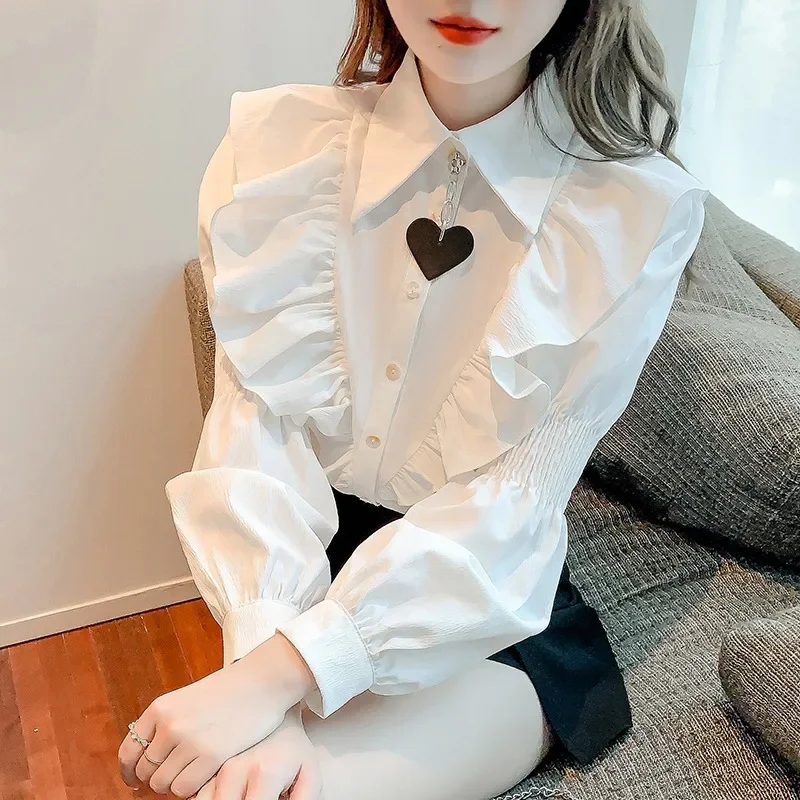 

White shirt women's spring clothing 2024 new design sense niche ruffle edge splicing shirt western-style top