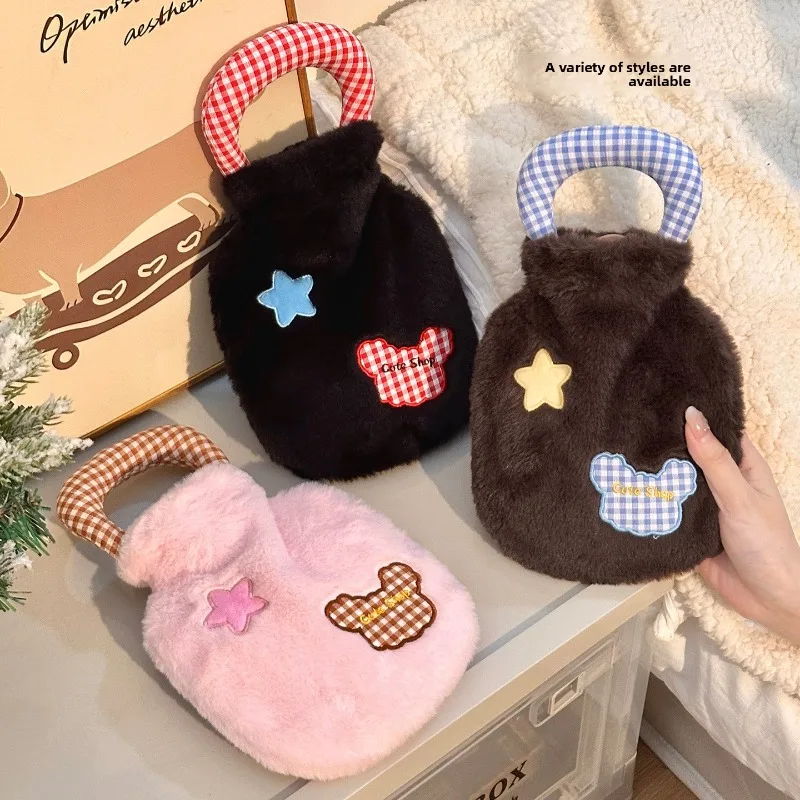 

Cute Plush Simple Plaid Stitching Portable Water Warmer Hot Water Bottle Comfortable Soft Warm Belly Hands Lightweight
