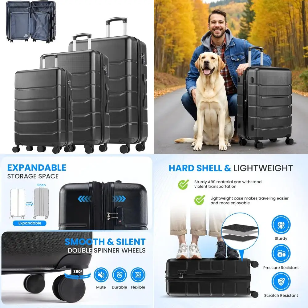 

Expandable 3-Piece Luggage Set with Spinner Wheels, TSA Lock, and Hard Shell, Lightweight Suitcase, Black