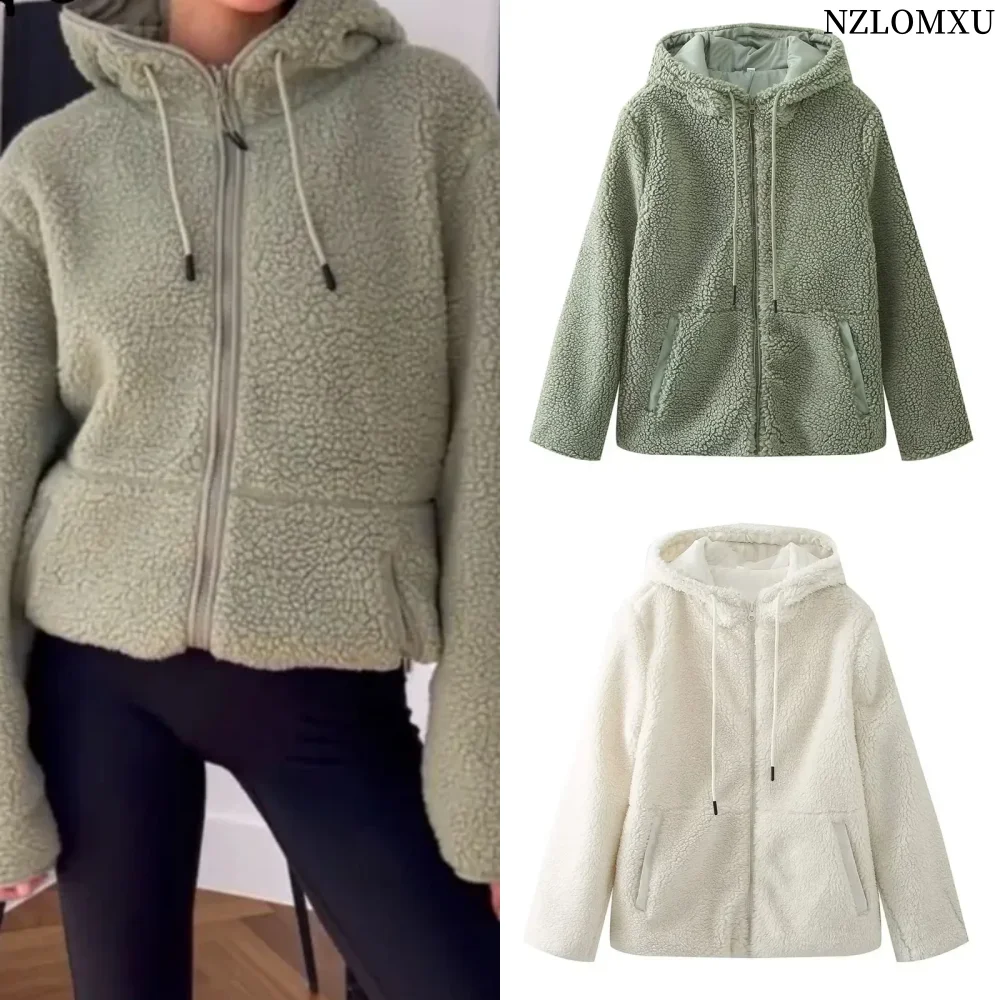 Fleece Teddy Jacket Woman Cropped Hoodies Plush Jacket For Women Long Sleeve Fluffy Jacket Zip Up Winter Coat Woman 2023