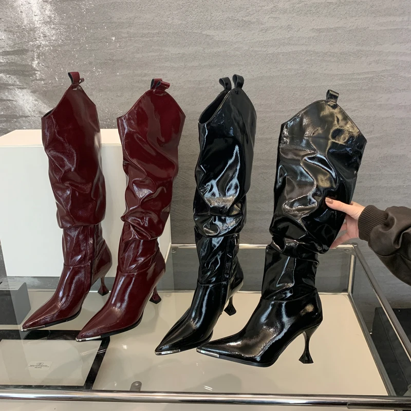 8cm High Heel Boots Wine Red Over The Knee Boots Woman Patent Leather Ladies Black Shoes Fall Botas Largas Mujer 2024 Tendencia