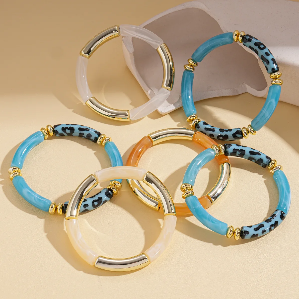 3 Pcs Leopard Print Acrylic Bangles for Women Stackable Curved Bamboo Tube Stretch Bracelets Color-block Jewelry Sets Gifts F