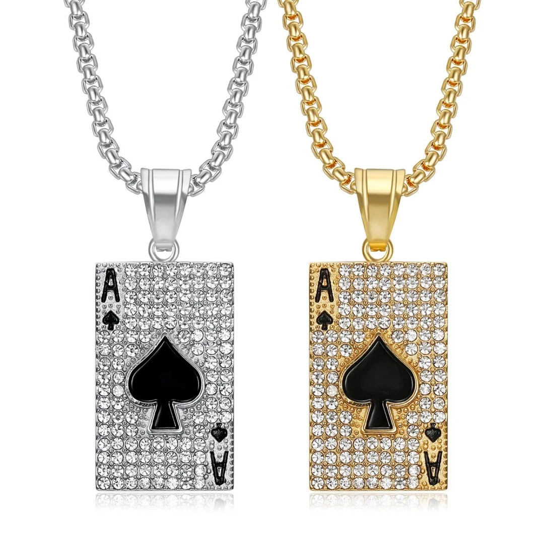 

Punk Poker Playing Card Pendant Gold Silver Color Stainless Steel Zirconia Rapper Necklace for Women Men Spade A Lucky Jewelry
