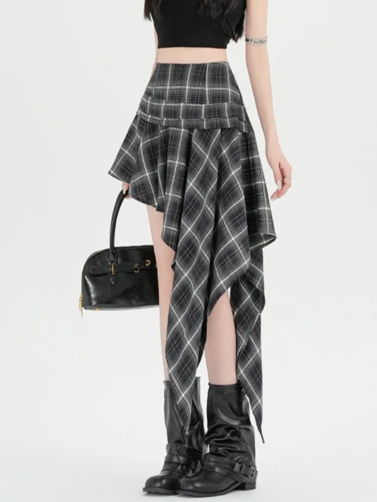 Retro American Plaid Asymmetrical High Waist  Skirt Women Summer Slimming A-Line Short Skirt with Pleats for Young Ladies
