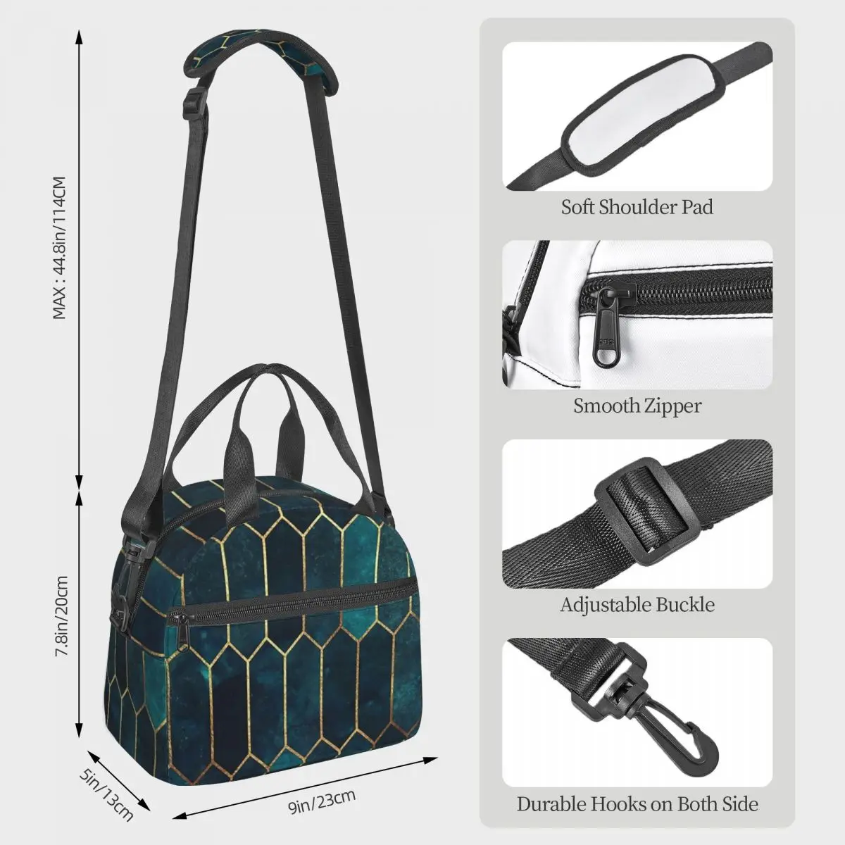 Deep Teal And Blue Gold Lunch Bags Insulated Bento Box Leakproof Lunch Tote Picnic Bags Thermal Bag for Woman Work