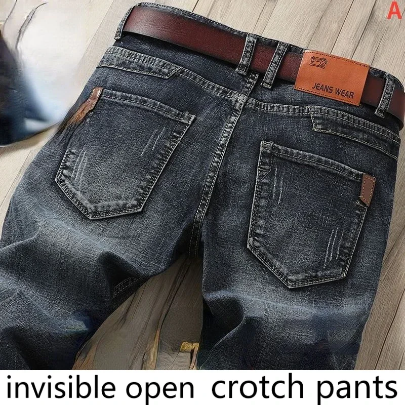 Open-Crotch Pants Autumn and Winter Stretch Men's Business Casual Jeans Couple Dating Office Nightclub Fight Field Straight