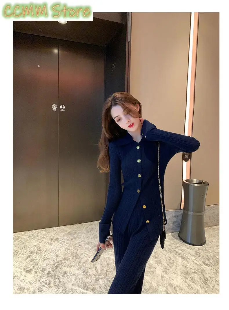 New Women's Spring Temperament Lapel Single-breasted High-grade Retro Sweater Wide-leg Pants Two-piece Set