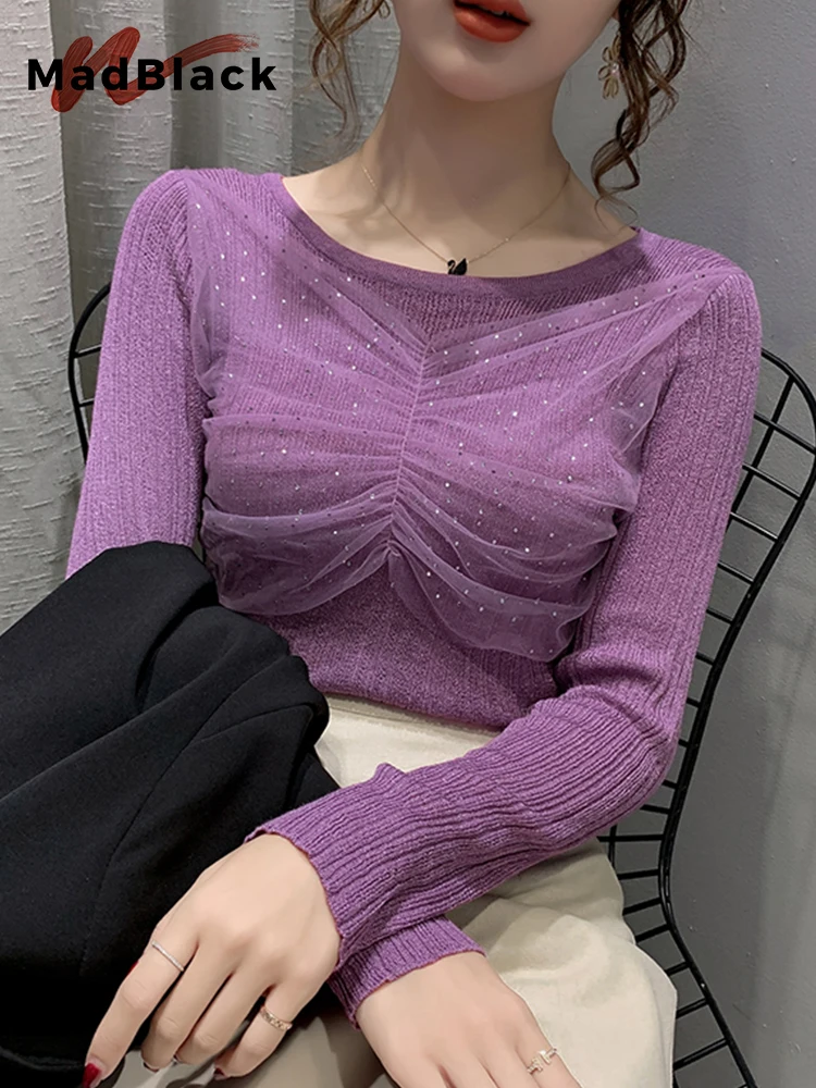 MadBlack Spring European Clothes O Necks Sweater Women Knitted Mesh Patchwork Hot drill Tops Long Sleeve Bottoming Pullo T34604X