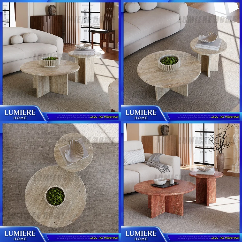 

Round Natural Holes Stone Marble Coffee Table Living Room Wabi Sabi Style Vintage Small Side Table Set Minimalist Rustic