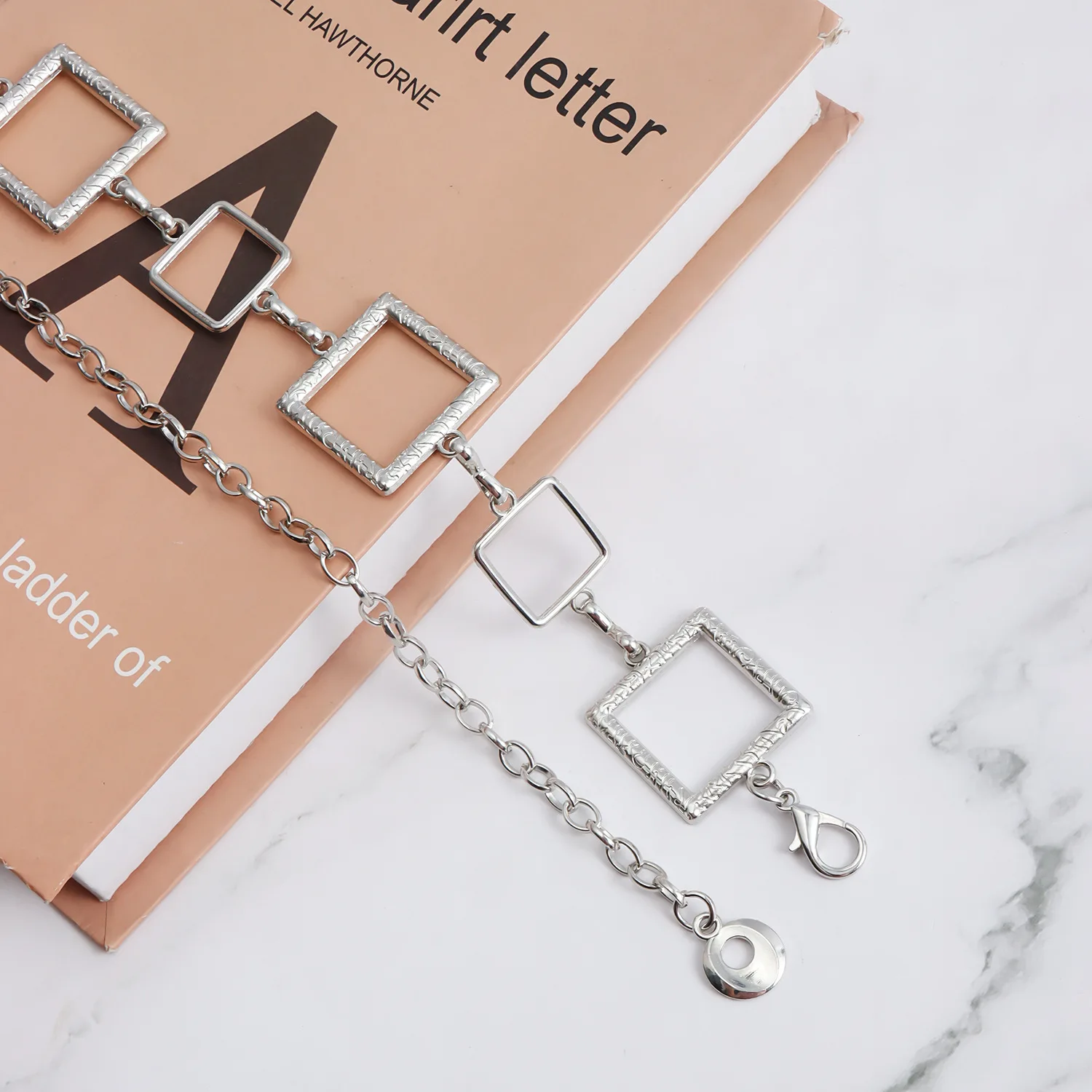 Geometric Hollow Square Waist Chain Silver Multi Size Rectangle Frame Linked Thin Metal Waist Belt For Women Dress view 7