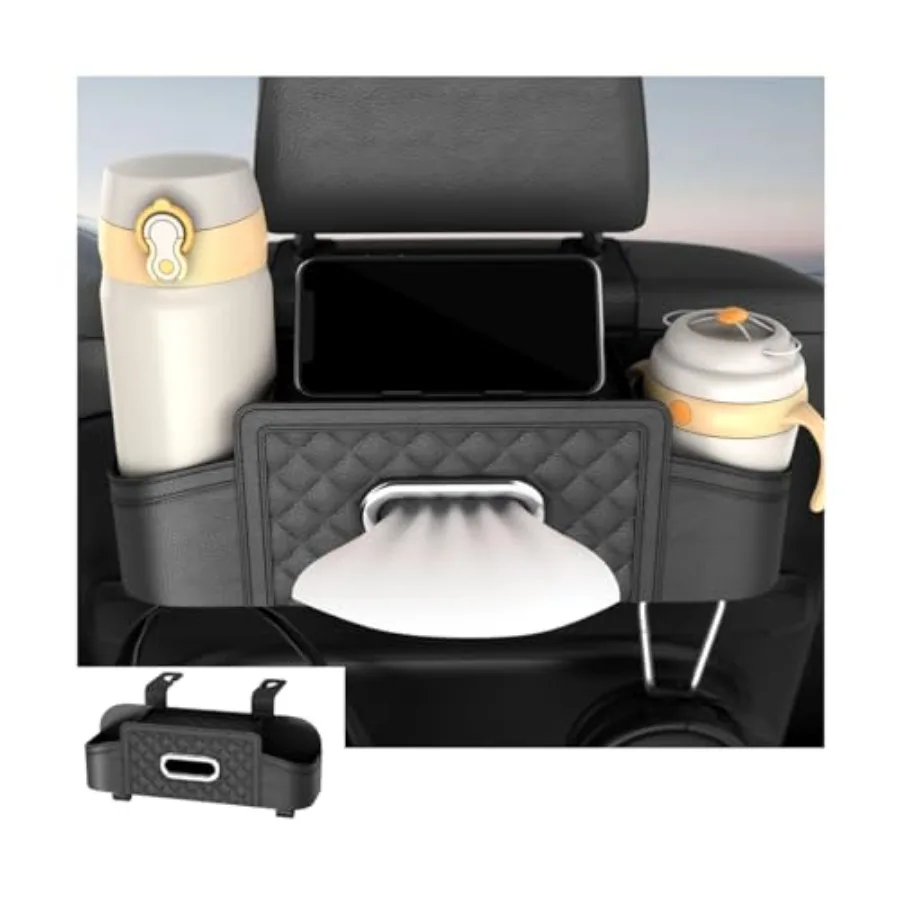 

Car Headrest Backseat Organizer, Multifunctional Vehicle Seat Back Storage Box with Drink Cup Holder and Hooks, Automotive Trav