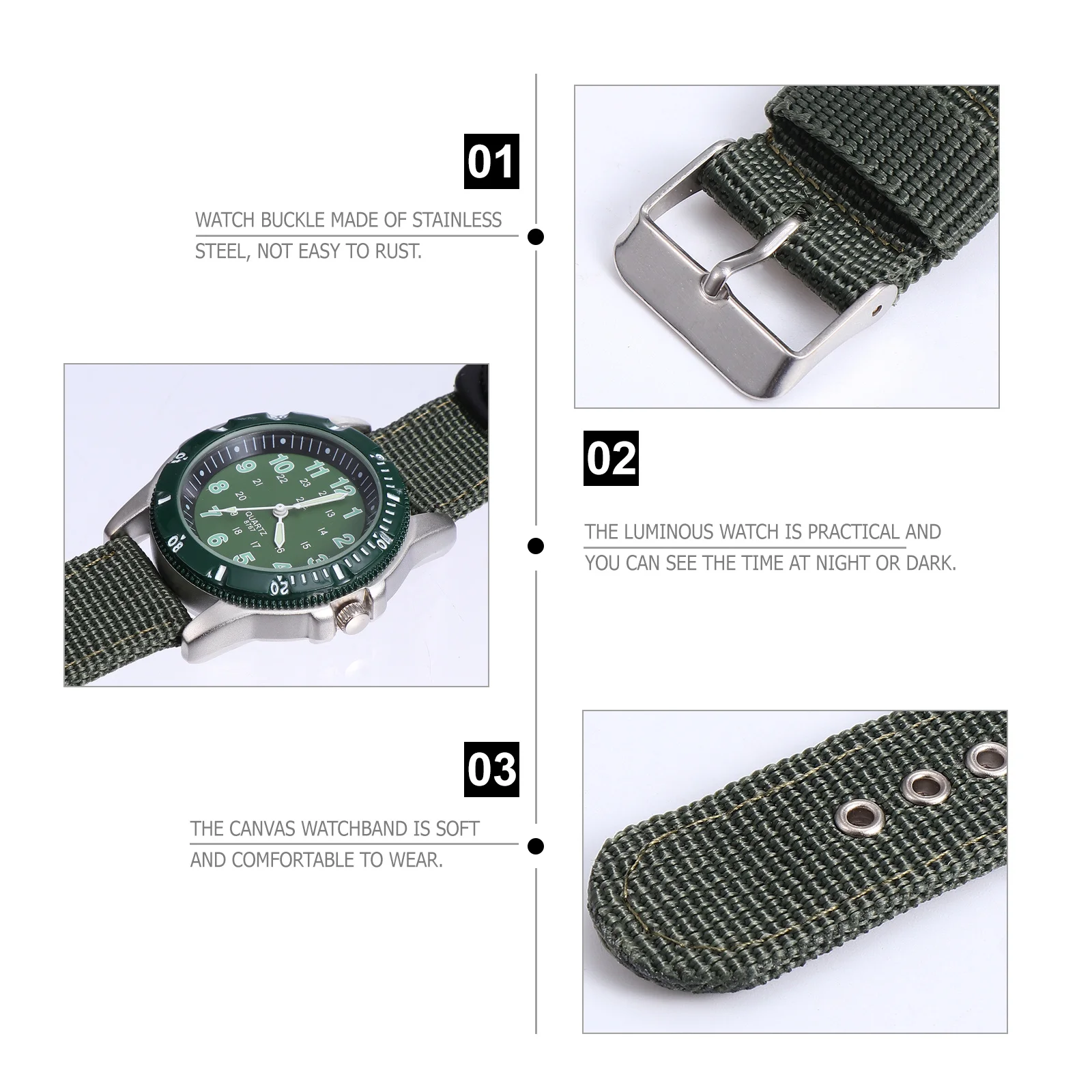 1 قطعة ساعة مضيئة مقاومة للماء للتمويه كوارتز ساعة للرؤية الليلية الفولاذ المقاوم للصدأ مشبك قماش حزام #3