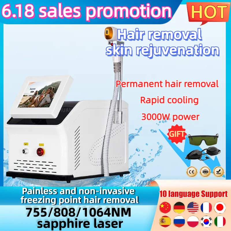 

6.18 Sale 808nm 755 1064 Diode Laser Hair Removal Machine Alexandrit Permanent Removal Cooling Head Painless Laser Epilator