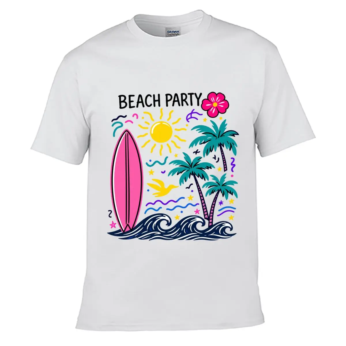 Beach Party Surfboard Palm Trees Sun Waves Tropical Flower Summer short-sleeved Loose Top