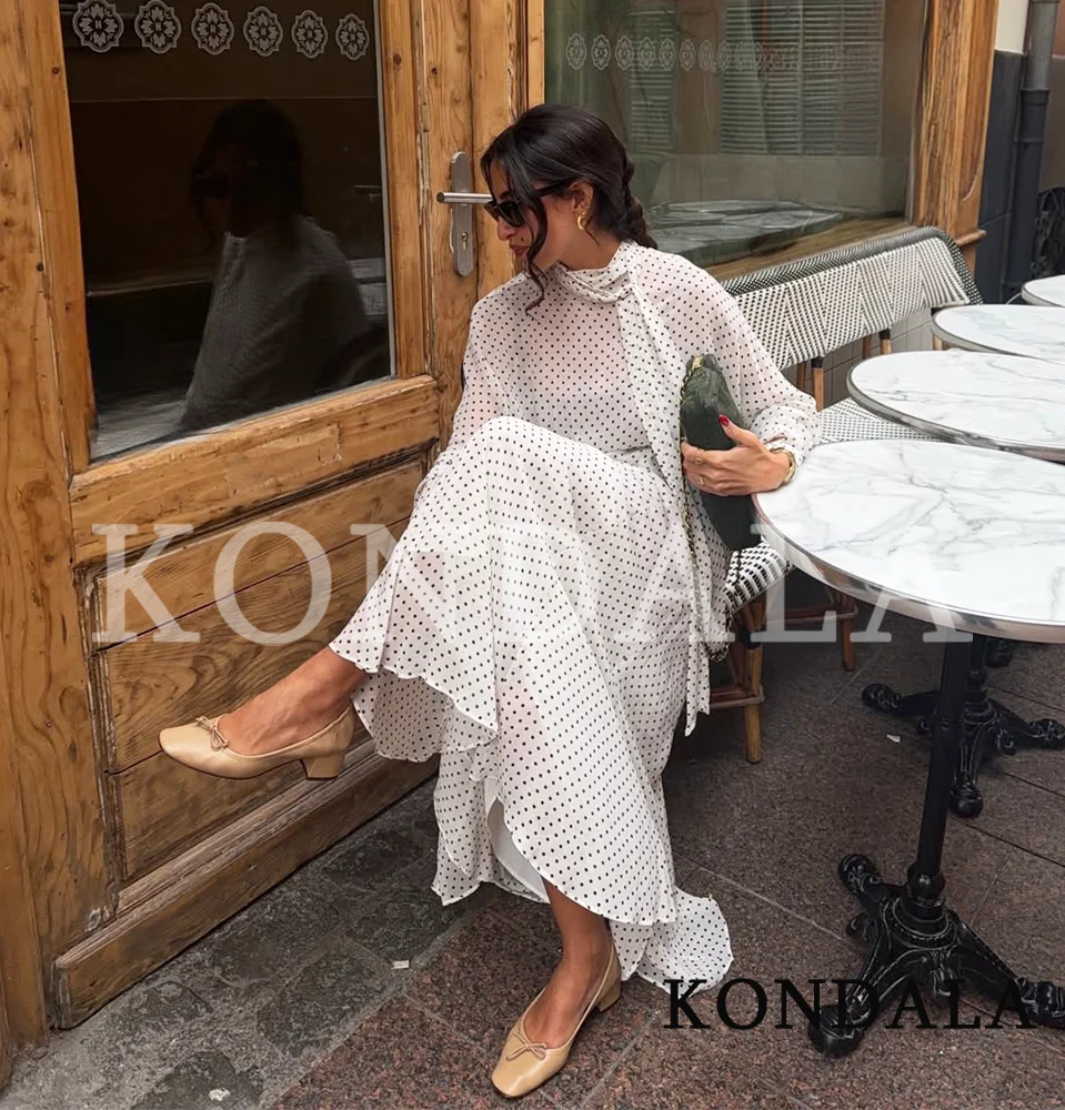 KONDALA Elegant Polka Dot Skirt Set Women's Summer Holidays Beach Casual Set Bow Collar Shirt, Midi Skirt 2026 Trendy Skirt Set