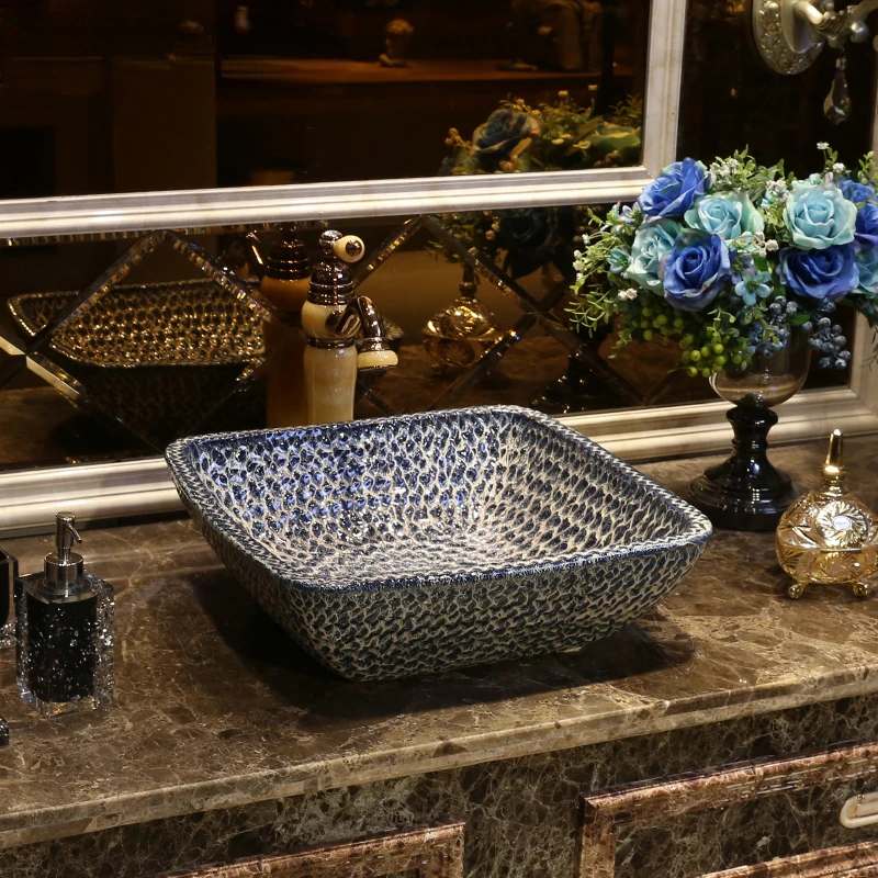 Blue Stone Art Table Basin Creative Ceramic Washbasin Square Inter-Platform Basin Basin Retro Wash Basin