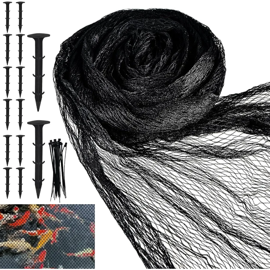 

Сверхмощный комплект сеток для пруда кои 15 x 21 футов с тонкой сетчатой крышкой, 14 кольев и 20 застежками-молниями для защиты прудов кои от листьев B