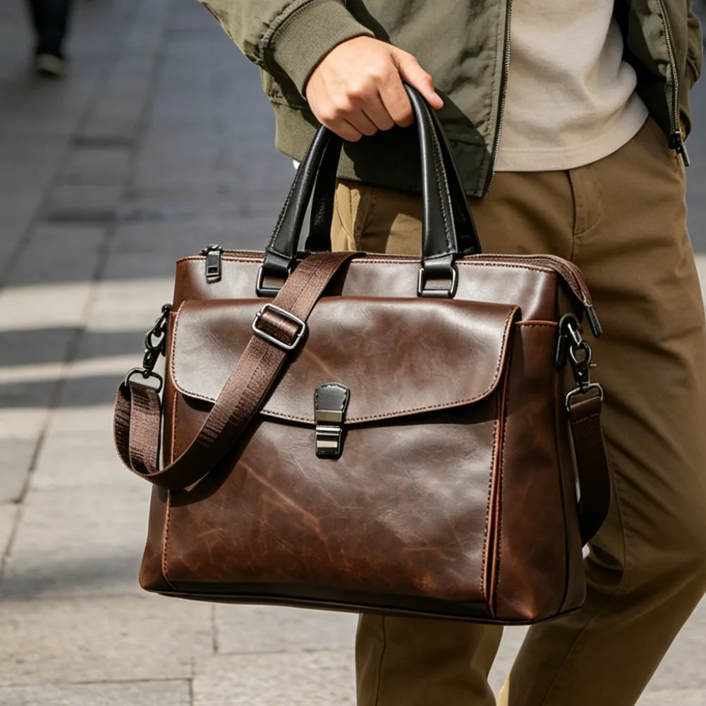 Men‘s Leather Crossbody Shoulder Bag Business Briefcase Fits 14“ Laptop Adjustable Wide Strap Multi-Pocket Office Commute