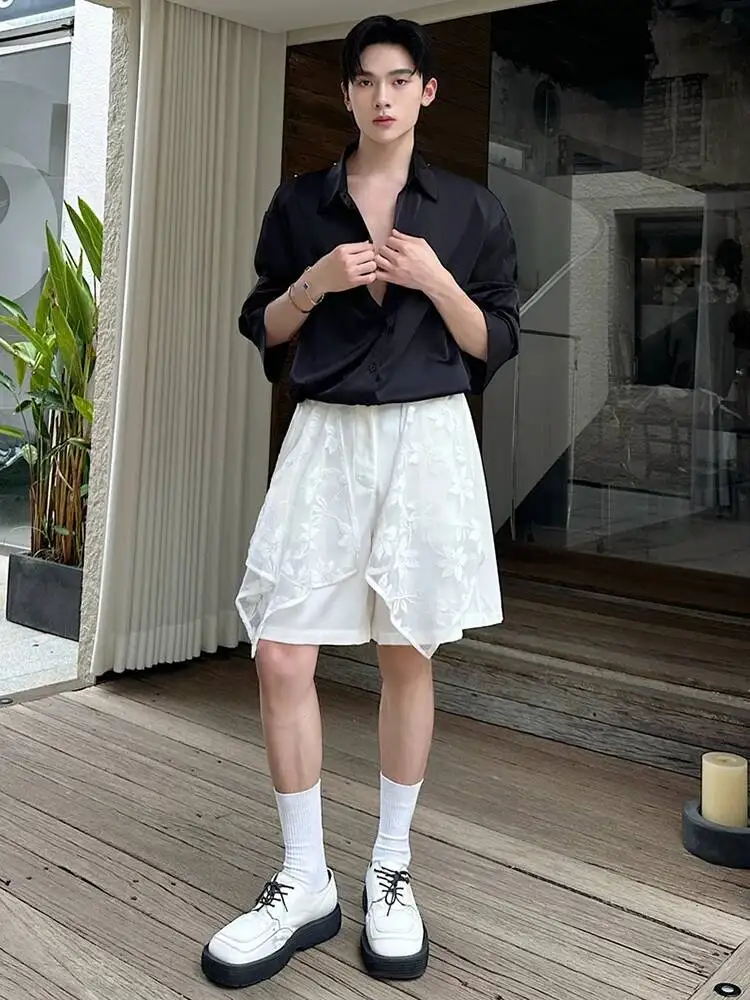 LUZHEN Original Embroidery Lace Patchwork Hemline Floral Solid Pattern Color Shorts Men's Elegant Handsome Casual Pants JY7138