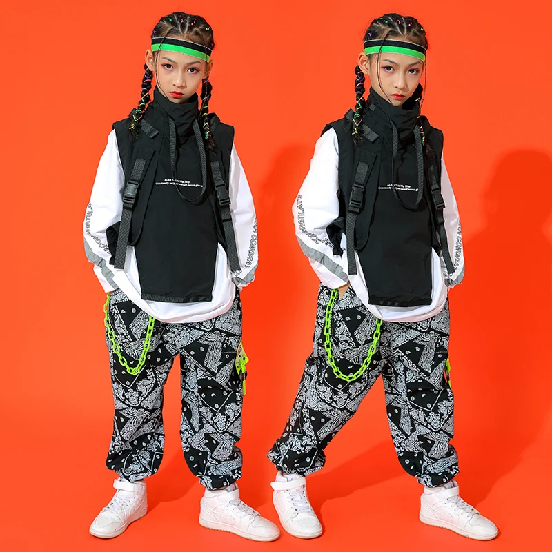 Nieuwe Kids Hiphop Dance Kostuum Jongens Meisjes Jazz Performance Kleding Zwart Vest Print Broek Losse Street Dance Kleding Bl7224