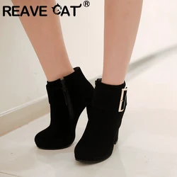 REAVE CAT Elegant Women Ankle Boots Round Toe Chunky Heels 10cm Platform Belt Buckles Flock Suede Big Size 43 Bota