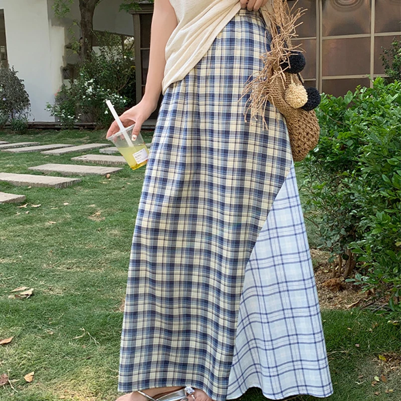 Elegant Blue Plaid Women Long Skirts Summer Stylish Clash Color Spliced Draped Faldas Casual All-Match High Waist A-Line Skirts