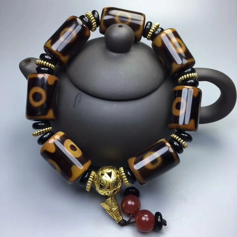 Natural Tibetan Agate Three-eye Barrel Bead Bracelet with Tibetan Silver Three-way Ethnic Style Bracelets for Men and Women