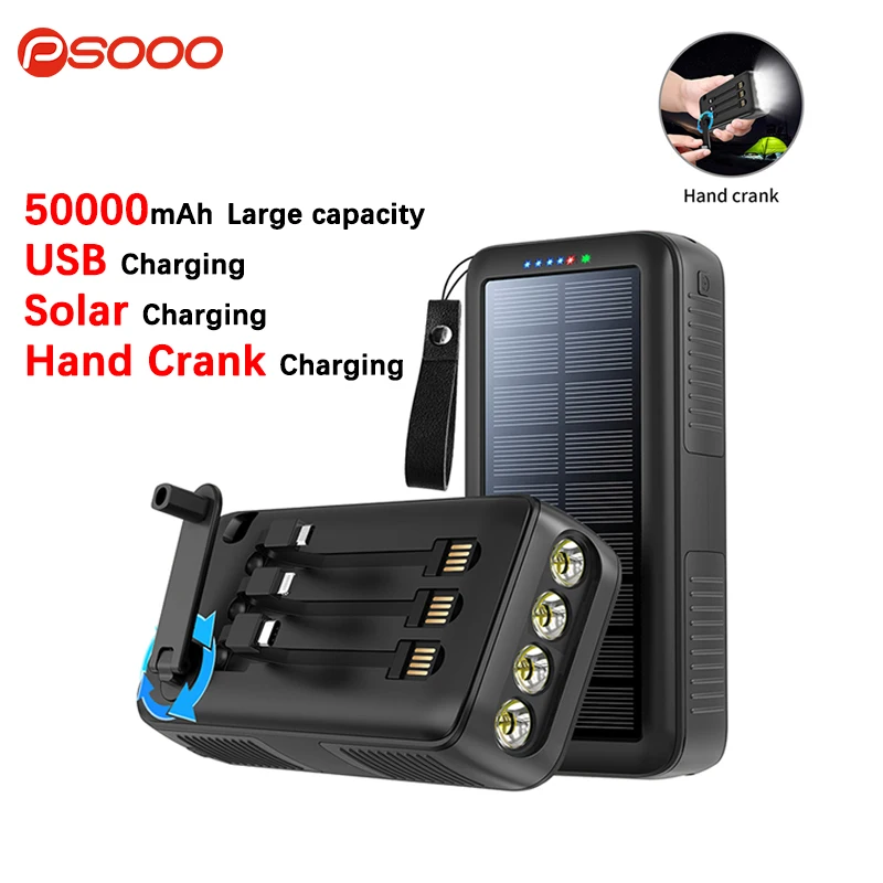 PSOOO 50000mAh Solar Power Bank Built-in TypeC/IOS/Micro Cable Outdoor Emergency Waterproof Hand Crank Powerbank for Phones