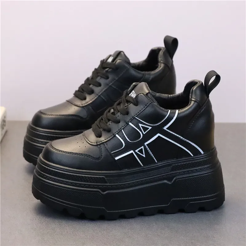 أحذية رياضية بيضاء بنعل سميك لزيادة الارتفاع 12 سم - أحذية مريحة بكعب مخفي للنساء للخريف/الشتاء رياضية عالية الجودة للنساء الصغيرات