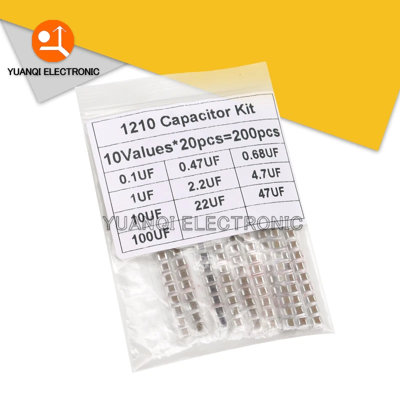 

200 шт., набор конденсаторов 1210 SMD, 10 значений, 0,1 мкФ - 100 мкФ, 100 нФ, 0,47 мкФ, 0,68 мкФ, 4,7 мкФ, 10 мкФ, 1 мкФ, 2,2 мкФ, набор образцов емкости