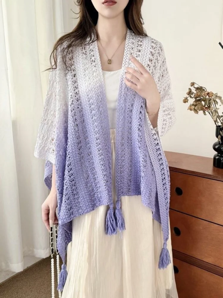 Women Tie Dye Style Shawl Jacket Spring Summer Thin Knit Hollow Tourism Cape Shawl for Women Gradient Elegant Vintage Cloak