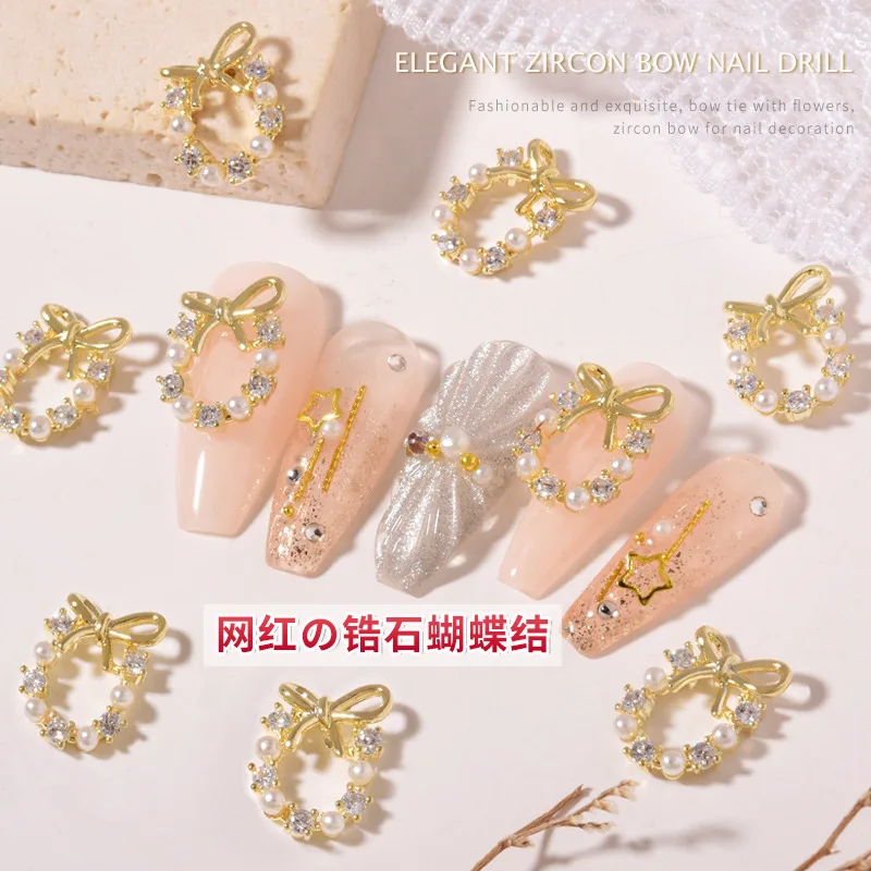 5pcs Luxury Zircon Christmas Wreath 3D Jewelry Crystal Pearls For Nails Rhinestone Charm Nail Tip Nail Art Decoration image 4