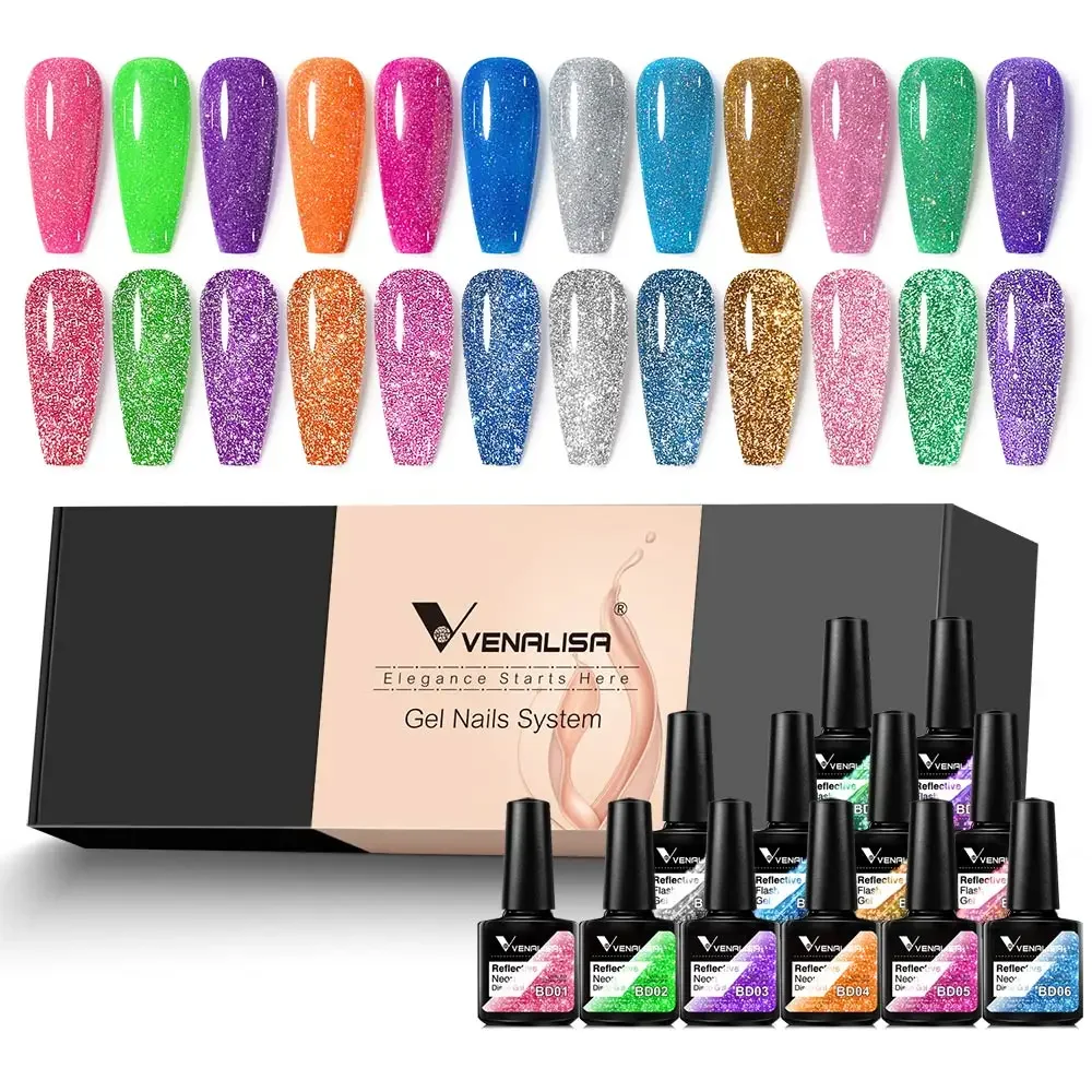 

12pcs/kit Venalisa Reflective Frash Nails Gel Polish Glitter Color French Nail Art Gel Pigment Soak Off UV LED Nail Art Manicure