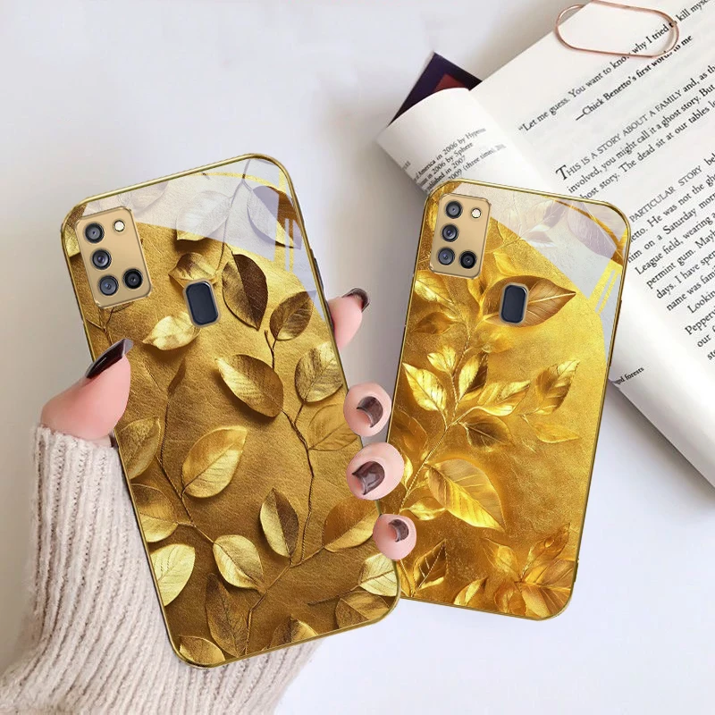 

Golden leaf luster For Samsung A 31 32 A33 A34 35 14 A15 13 A16 25 26 50 52 53 54 55 56 70 71 72 73 Golden glass phone case