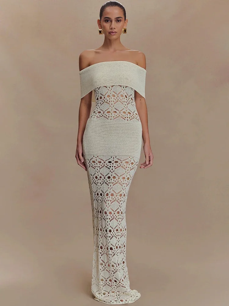 

Off Shoulder Sexy Knit Maxi Dress Women Fashion Hollow Out Strapless Sleeveless Backless Bodycon Club Party Long Dress