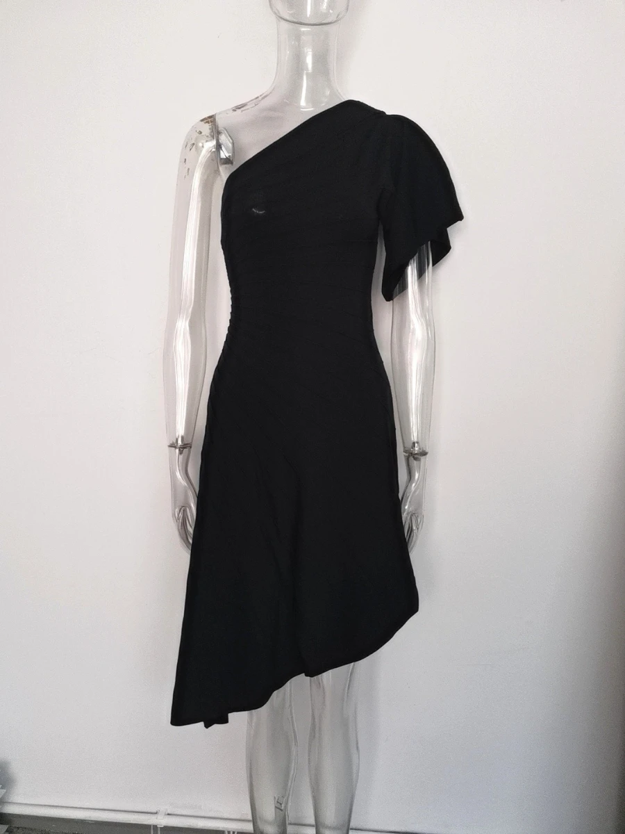 VGH Slimming Irregular Pleated Dress for Women Diagonal Collar Off One Shoulder Flare Sleeve High Waist Elegant Dresses Female