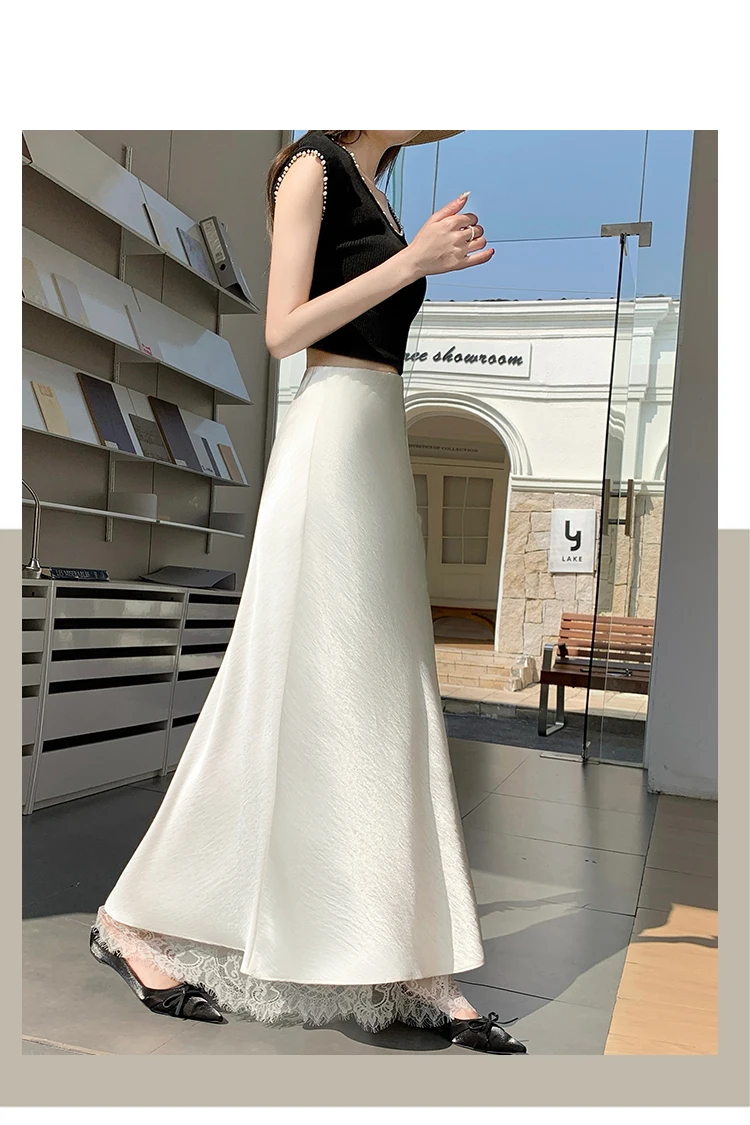 2026 Sommer Herbst Neuer Schlanker Hochwertiger Modischer Halbrock Eleganter Spitzenbesatz Satin Seitenschlitz Damen Midi-Rock – Detail 11