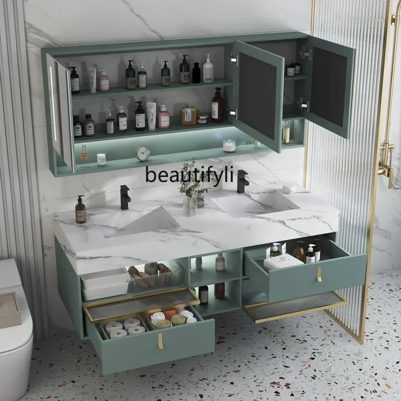 

zxqSmart Bathroom Cabinet Combination Designer Bathroom Stone Plate Solid Wood Light Luxury Wash Basin Washstand